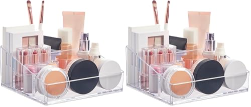 STORi Clear Plastic Small Countertop Vanity Makeup Organizer, Compact Rectangular 4-Compartment Holder for Brushes, Eyeshadow Palettes, & Beauty Supplies, Made in USA