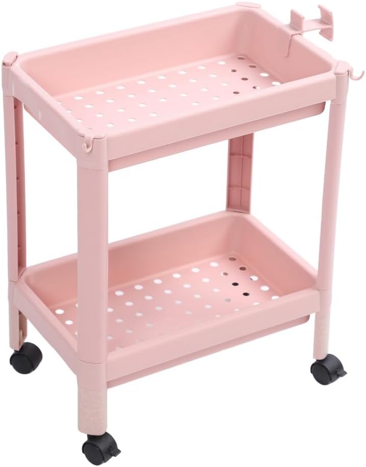 Bathroom Floor Storage Shelf, 2-Tier Pink Plastic Freestanding Shelf Unit with Wheels, Narrow Corner Rack for Bathroom Kitchen