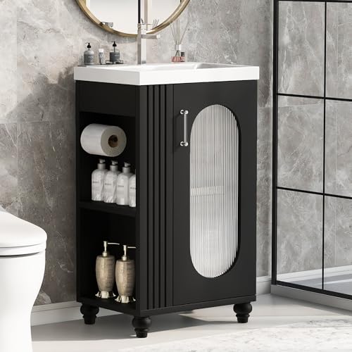 Virubi 20 in Small Bathroom Vanity with Sink, Soft Closing Door,Tilt-Out Drawer and Adjustable Shelf,Solid Wood Frame Modern Single Bathroom Sink Cabinet with Storage, Freestanding, Natural Wood