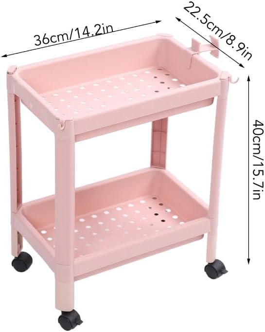 Bathroom Floor Storage Shelf, 2-Tier Pink Plastic Freestanding Shelf Unit with Wheels, Narrow Corner Rack for Bathroom Kitchen