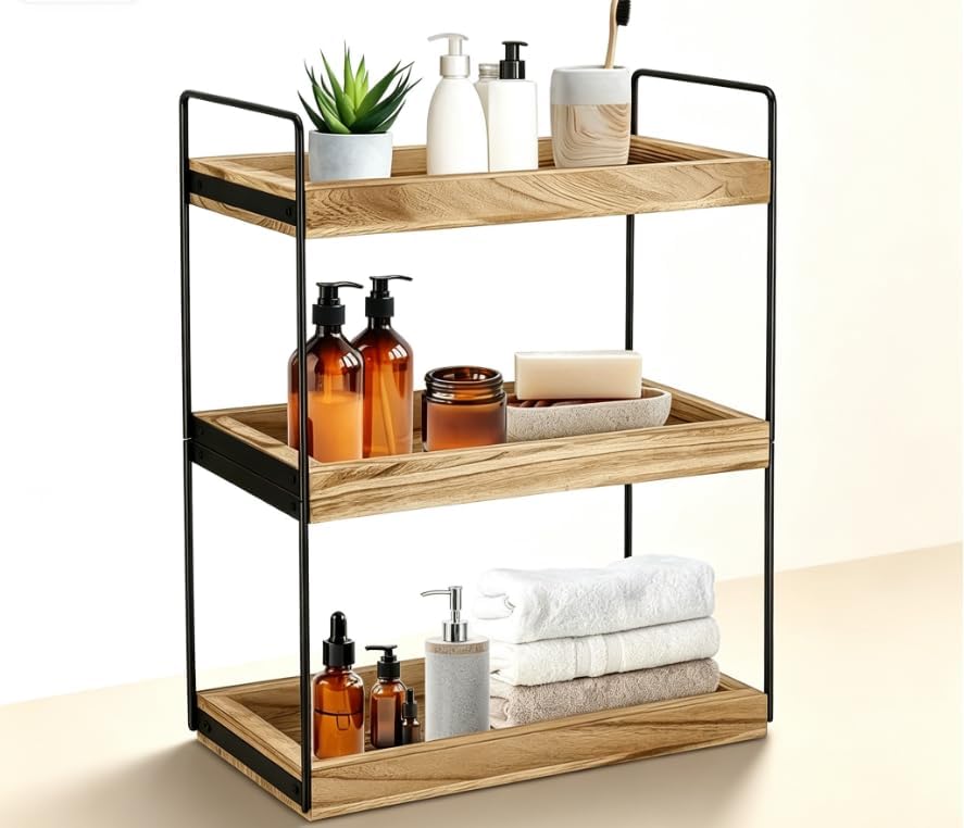 3-Tier Wood Bathroom Counter Organizer, Countertop Storage Shelf, Vanity Cosmetic Holder & Kitchen Spice Rack