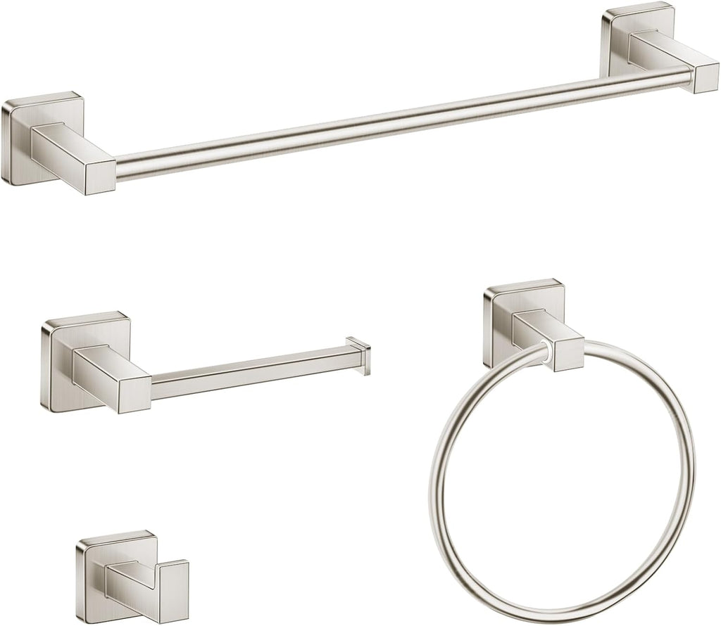 Bathroom Hardware Accessories Set 4 Pieces, Brushed Nickel Stainless Steel Towel Bar Set, Includes 24In Towel Bar, Towel Ring, Robe Towel Hooks,Toilet Paper Holder, Bathroom Towel Rack Set