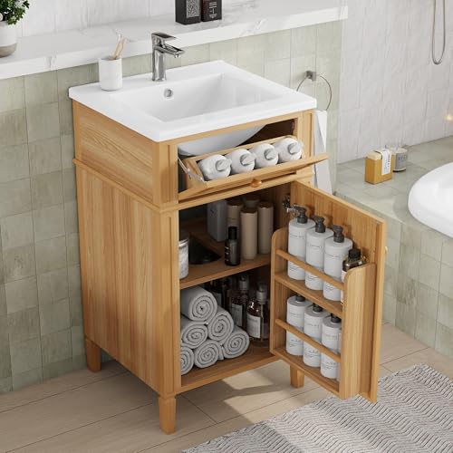 Virubi 20 in Small Bathroom Vanity with Sink, Soft Closing Door,Tilt-Out Drawer and Adjustable Shelf,Solid Wood Frame Modern Single Bathroom Sink Cabinet with Storage, Freestanding, Natural Wood
