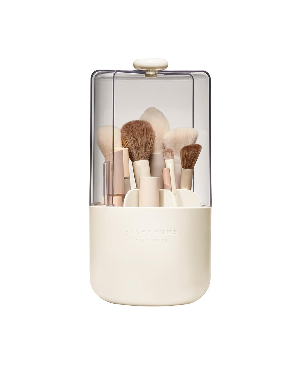EACHY Makeup Brush Holder with Lid, 360° Rotating Vanity Organizer for Brushes, Dustproof Cosmetic Display Case, 7 Compartments, Waterproof Plastic (Pink)
