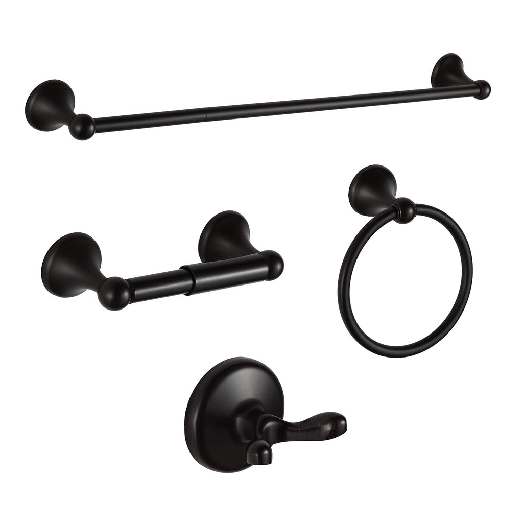 BGL Bathroom Accessory Set, Matte Black Adjustable Expandable Towel Bar 4-Piece Bathroom Hardware Set Wall Mounted Robe Hook Toilet Paper Holder Towel Ring Towel Bar
