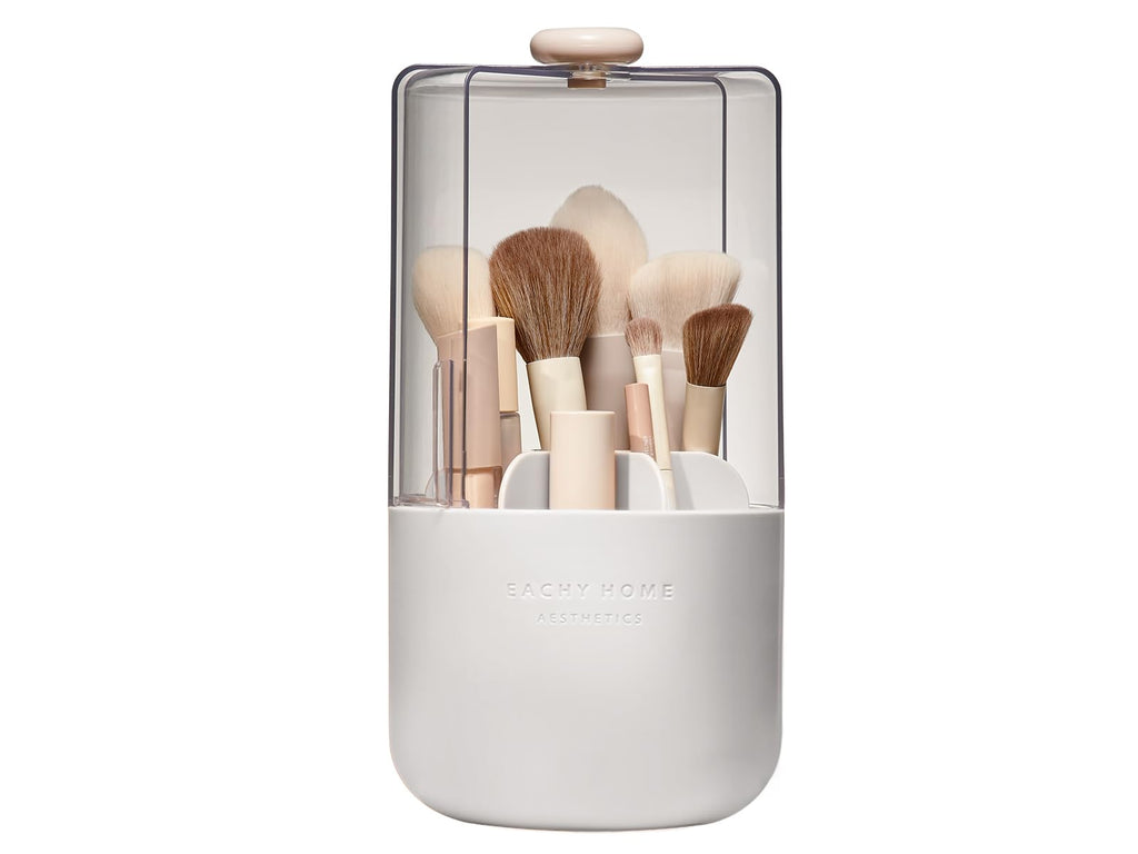 EACHY Makeup Brush Holder with Lid, 360° Rotating Vanity Organizer for Brushes, Dustproof Cosmetic Display Case, 7 Compartments, Waterproof Plastic (Pink)
