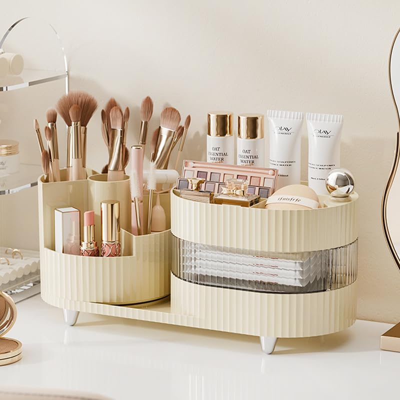 Rotating Makeup Organizer for Vanity with Brush Holder and Drawer, Cosmetic Makeup Storage, Large Spinning Makeup Skincare Organizer, Countertop Makeup Perfume Organizer, Lotions Display Case (Green)