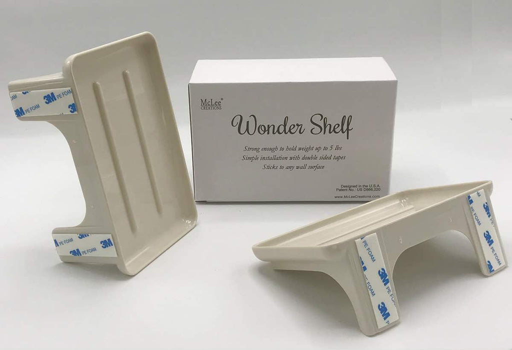 Wonder Shelf - Small Plastic Self Adhesive Bathroom Wall Mount Shelf - Fits Over Toilet Paper Holder - Designed for Smartphone and Flushable Baby Wipes (2, Cream)