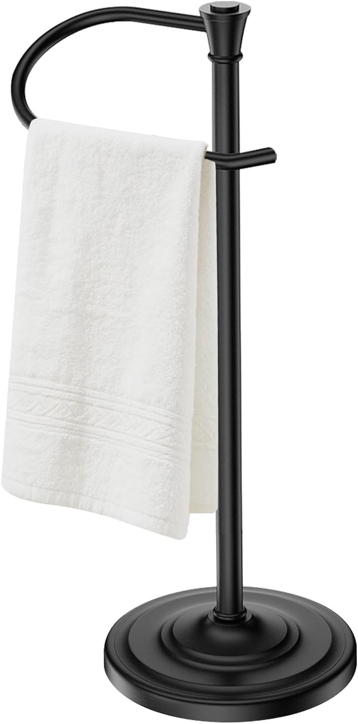 Bath Hand Towel Holder Stand,Stainless Steel 16 Inch Free Standing Towel Rack,Heavy Weight Towel Bar for Bathroom Vanity Countertop &Kitchen,Black
