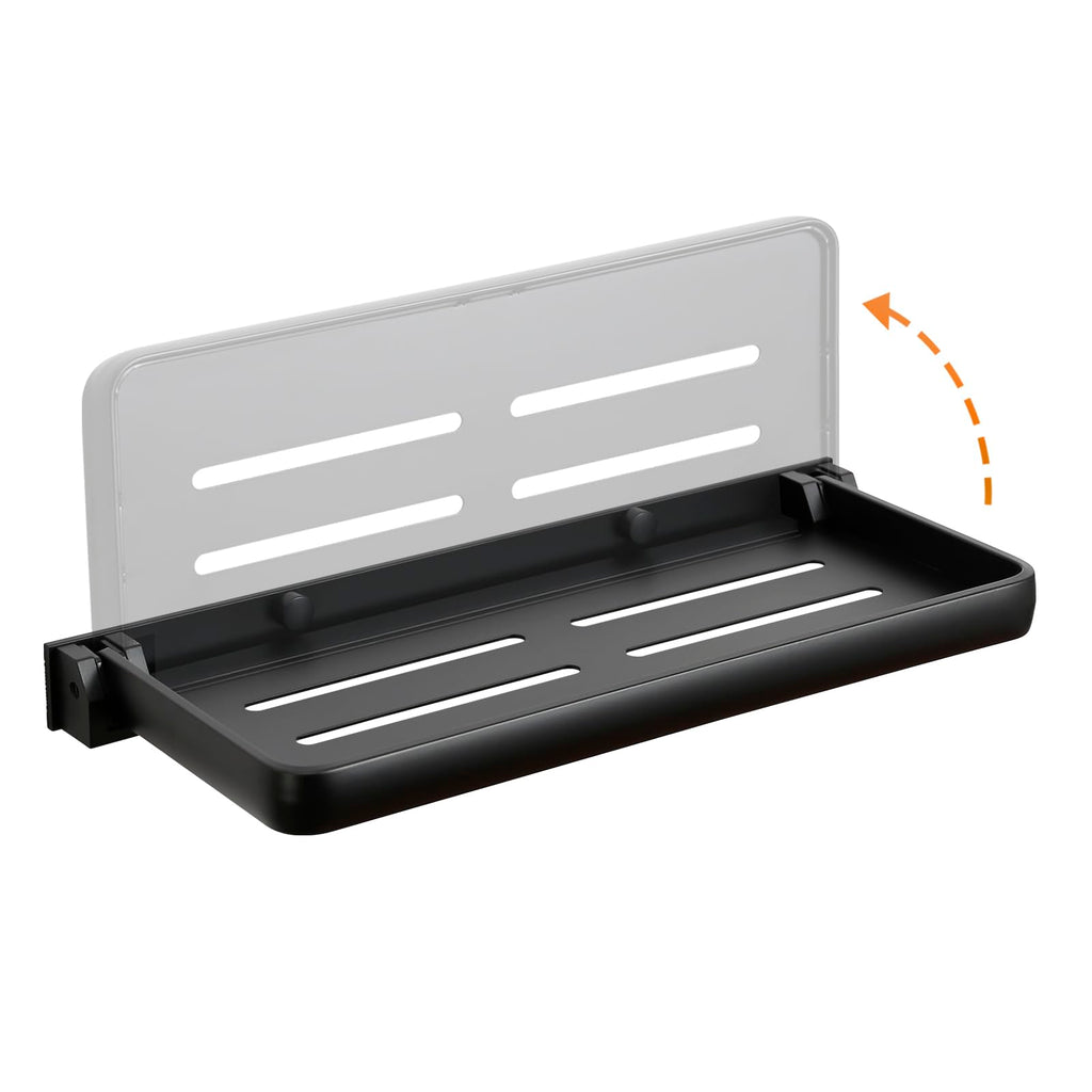 Folding Wall Shelf for Bathroom | 2-Tier Folding Metal Shelves | 90° Fold Up | Wall Mounted Drop Down Floating Shelf for Rv, Laundry Room, Toilet Room, Waterproof(2-Pack, Black)
