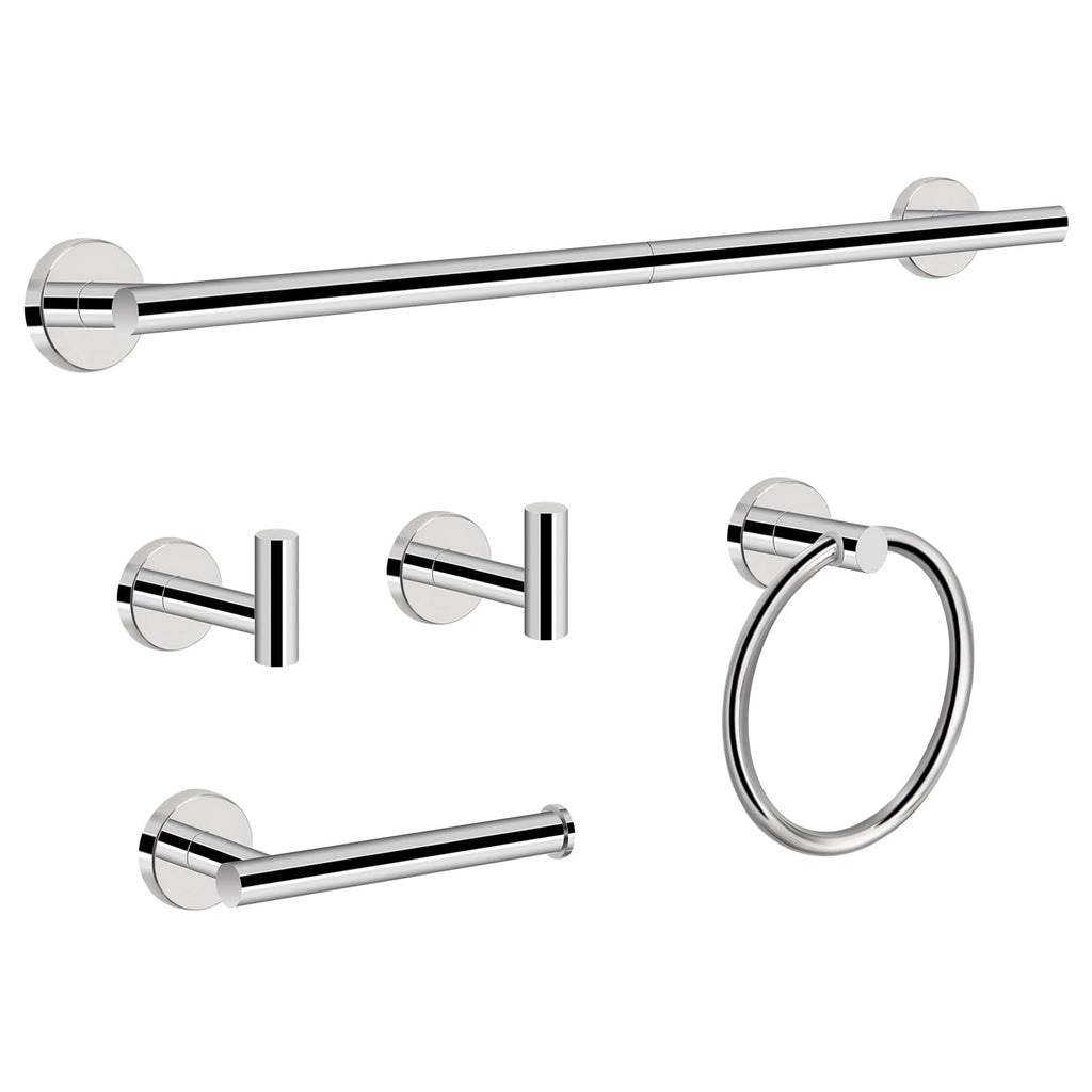 NearMoon 5 Pieces Bathroom Hardware Set SUS304 Thicken Stainless Steel-Towel Rack Kit Include 24" Towel Rod +Bath Towel Ring +Toilet Paper Holder +2 Robe Towel Hooks Bath Accessories (Nickel)