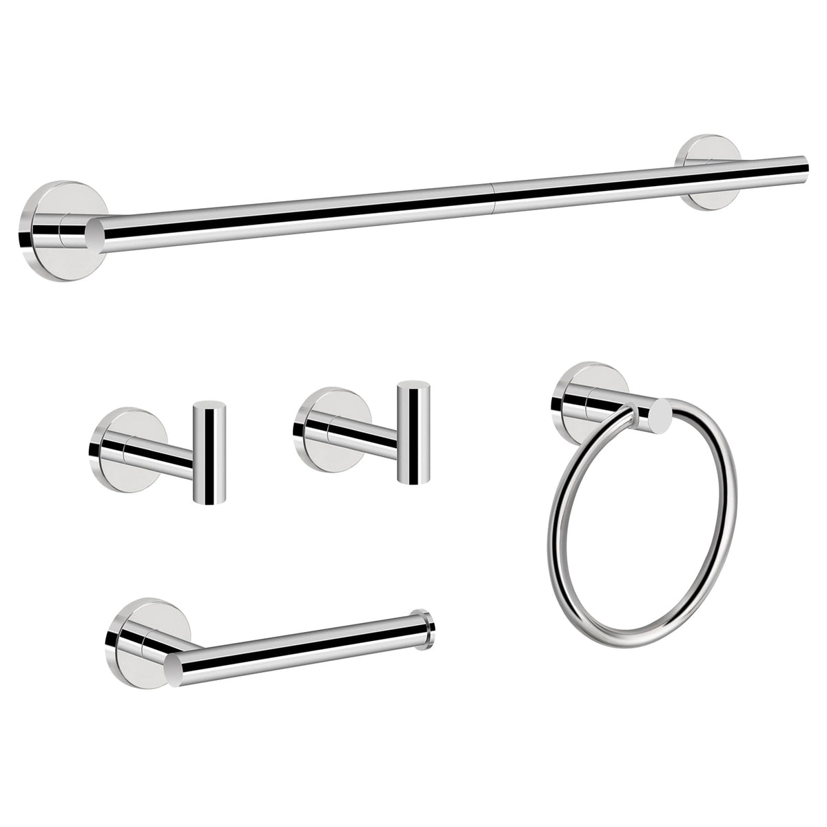 NearMoon 5 Pieces Bathroom Hardware Set SUS304 Thicken Stainless Steel-Towel Rack Kit Include 24" Towel Rod +Bath Towel Ring +Toilet Paper Holder +2 Robe Towel Hooks Bath Accessories (Nickel)