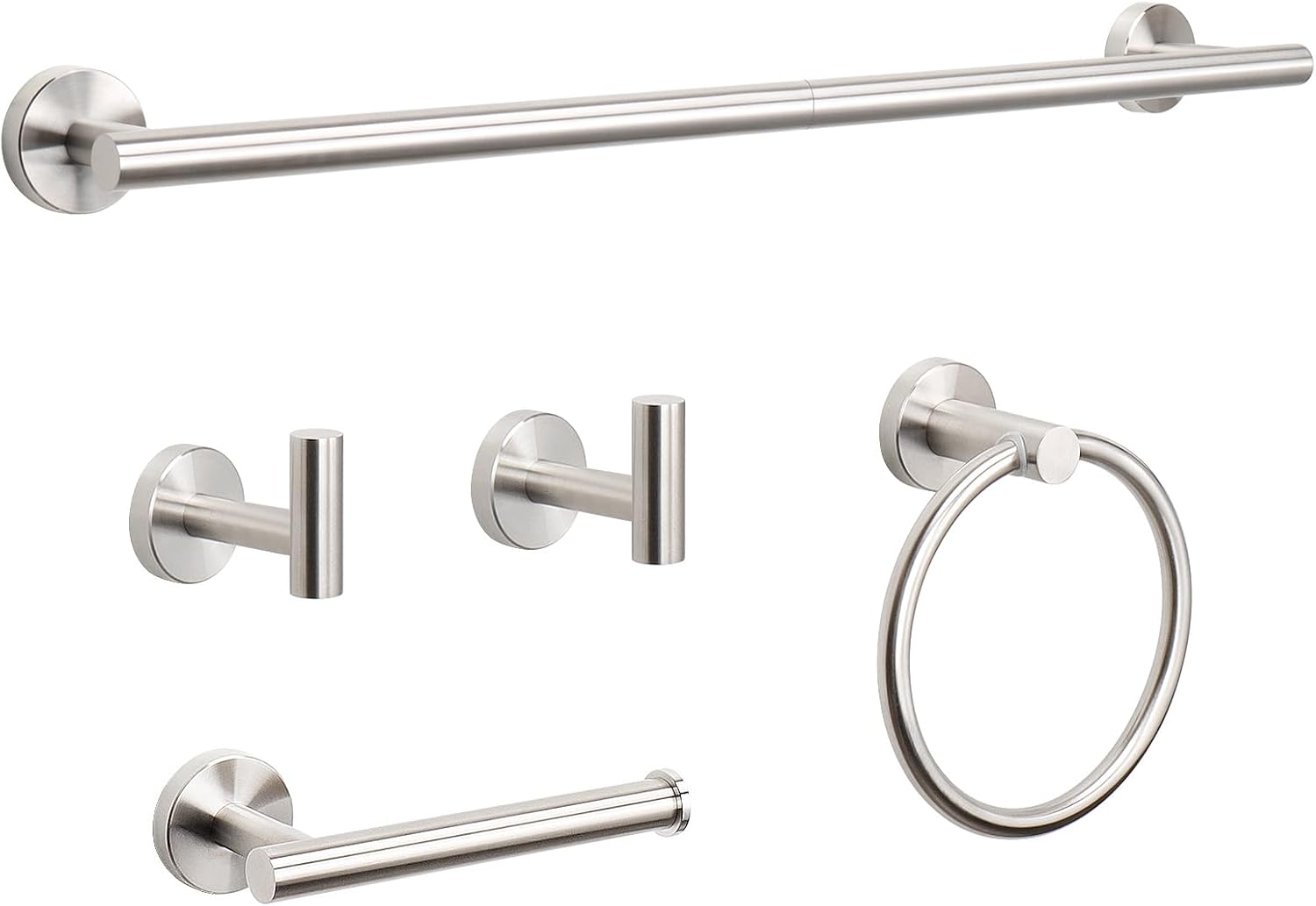 NearMoon 5 Pieces Bathroom Hardware Set SUS304 Thicken Stainless Steel-Towel Rack Kit Include 24" Towel Rod +Bath Towel Ring +Toilet Paper Holder +2 Robe Towel Hooks Bath Accessories (Nickel)