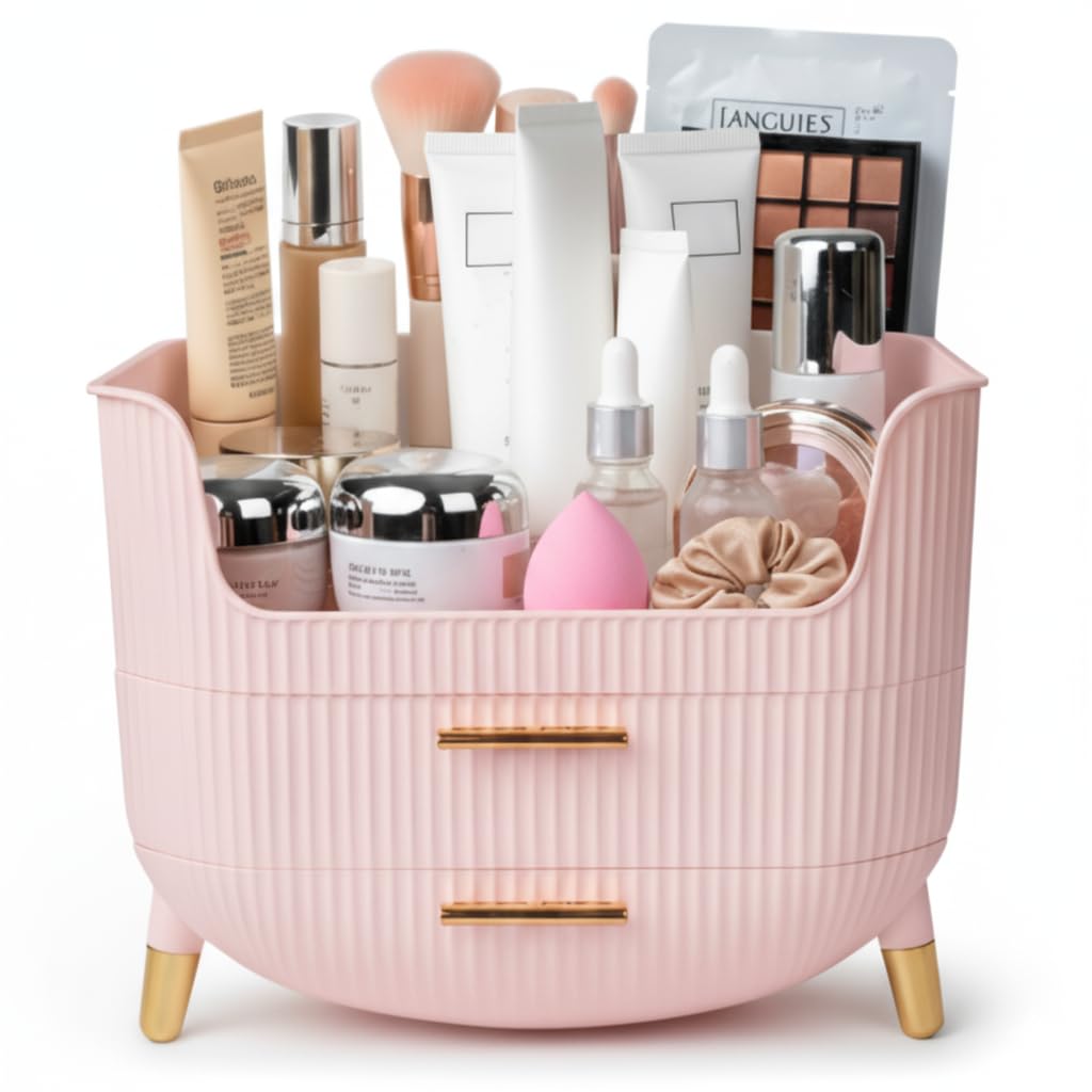 HALAFE Makeup Organizer with Drawers, Skincare Storage Box for Vanity, Multiple Compartments, Portable Cosmetic Display Case with Handle, Large Make up Organizers for Dresser, Bathroom, Bedroom, White