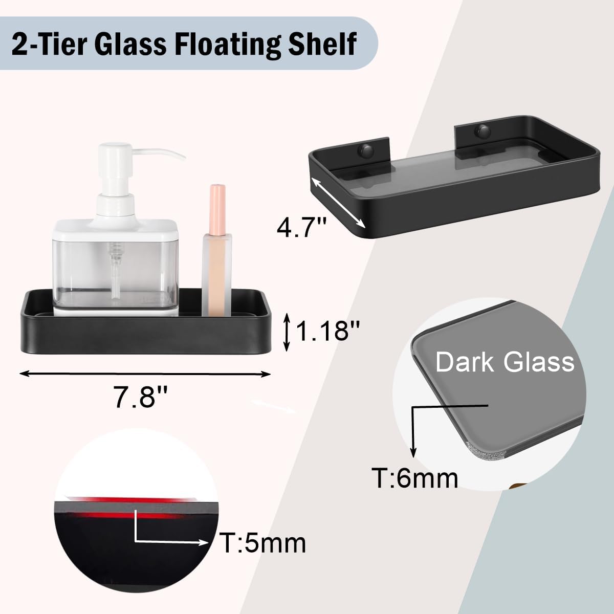 Z metnal Small Glass Bathroom Shelves, Matte Black Floating Shelf, Mini Wall Shelf Organizer, Wall Mounted (Dark Glass, 8 inch/20cm)
