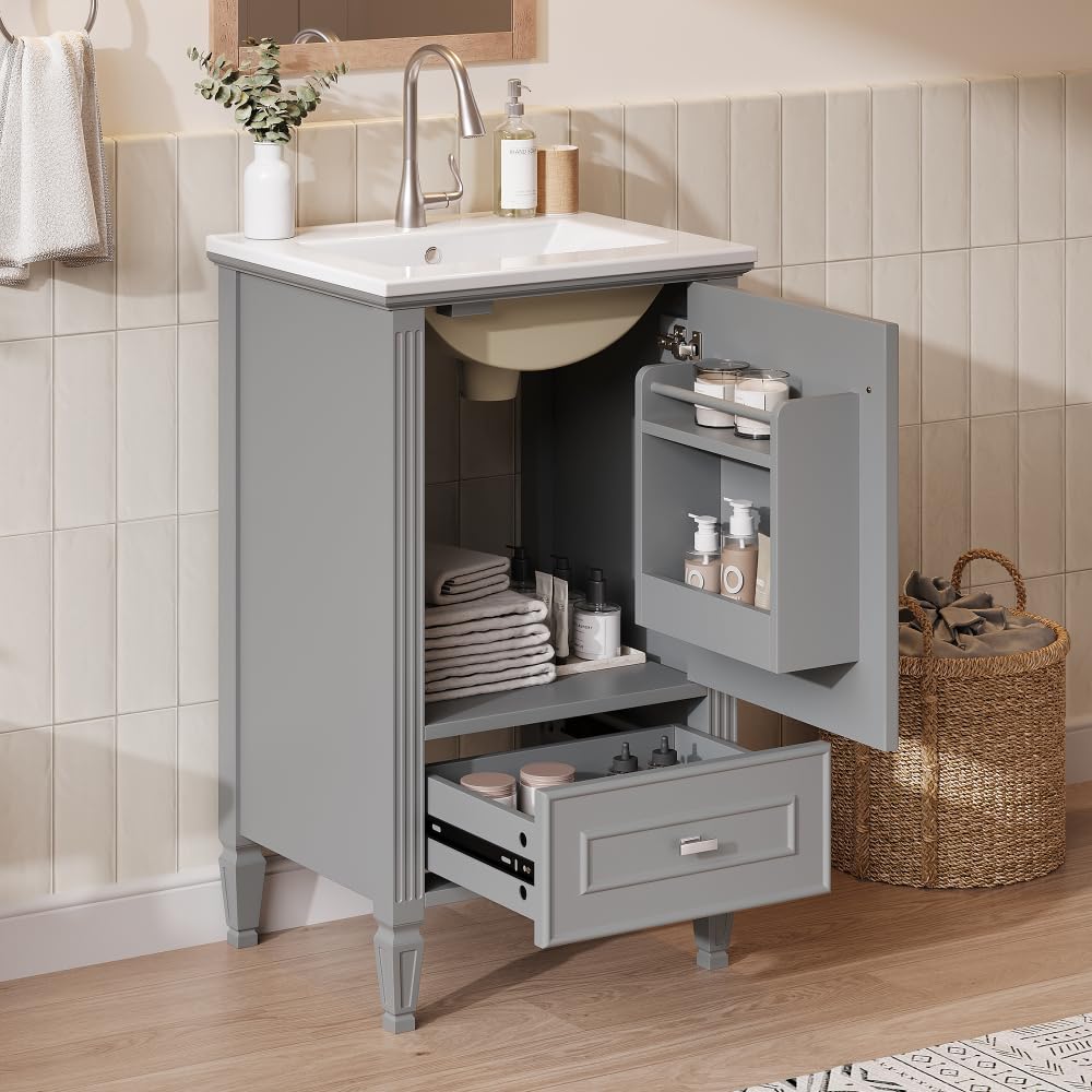 Virubi 20 in Small Bathroom Vanity with Sink, Soft Closing Door,Tilt-Out Drawer and Adjustable Shelf,Solid Wood Frame Modern Single Bathroom Sink Cabinet with Storage, Freestanding, Natural Wood