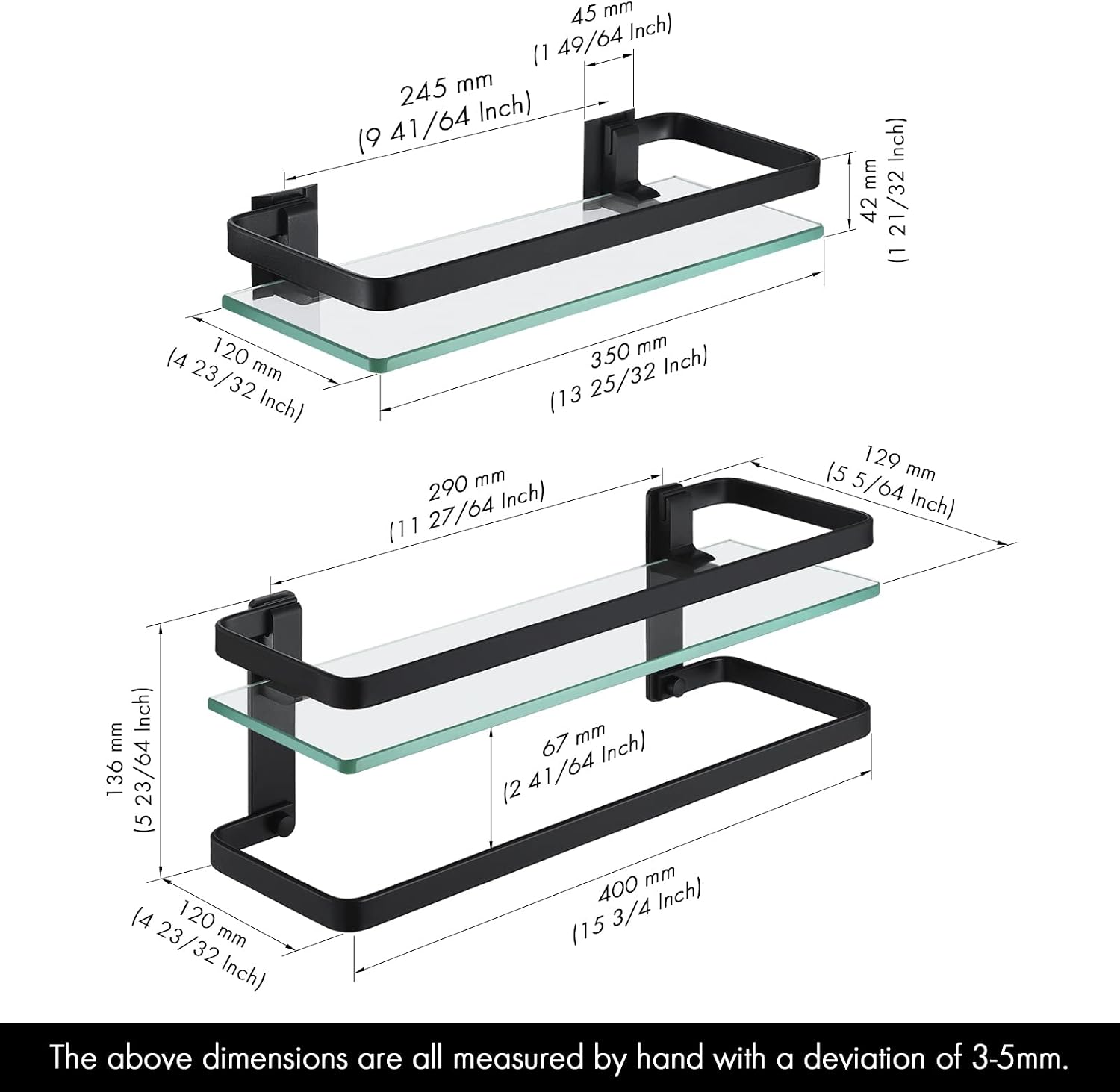 KES Glass Bathroom Shelf, Tempered Glass Floating Bathroom Shelf with Bar Rectangular Wall Mounted Rustproof Aluminum Black, A4126A-BK+A4127A-BK