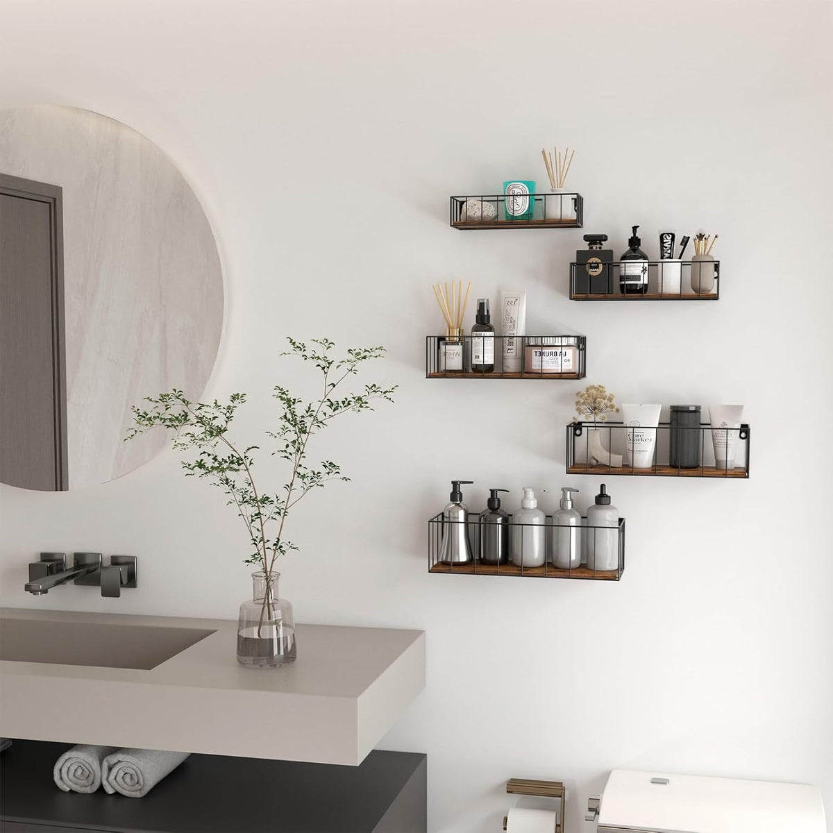 CRUGLA Floating Shelves Wall Mounted Set of 5, Hanging Storage Wall Shelf with Rail for Bathroom, Bedroom, Living Room, Kitchen