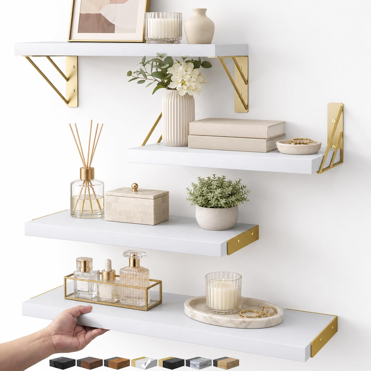 BAYKA Wall Mounted Floating Shelves, Wood Floating Wall Shelf for Books & Decor, Small Space-Saving Display & Organizer（Black，Set of 4）