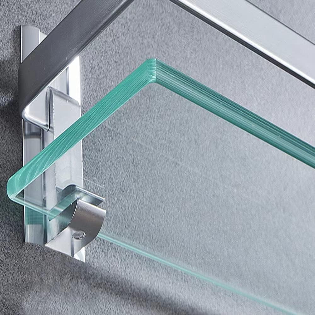 Bathroom Glass Shelf Tempered Glass Rectangular Extra Thick Aluminum Silver Sand Sprayed Wall Mounted 9.84 inches