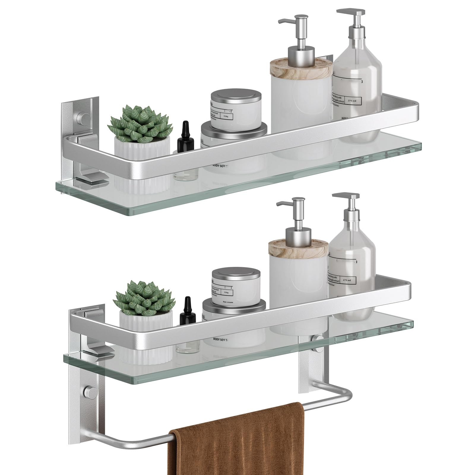Danpoo Clear Tempered Glass Wall Shelf, Wall-Mounted Organizer for Bathroom, Kitchen(Matte Silver)