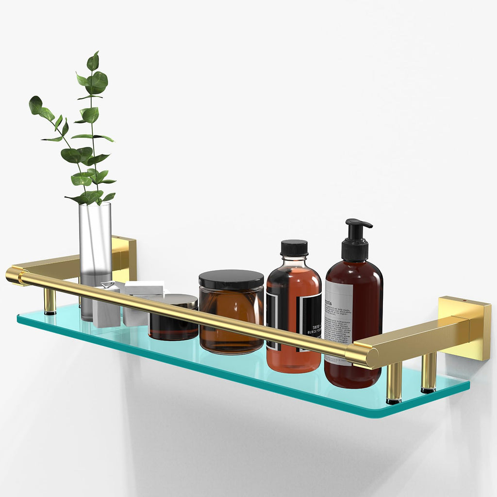 Glass Shelves for Bathroom, 16IN Brushed Nickel Bathroom Shelves for Wall Rectangular Stainless Steel Tempered Glass Modern use for Shelf Sink Over Toilet