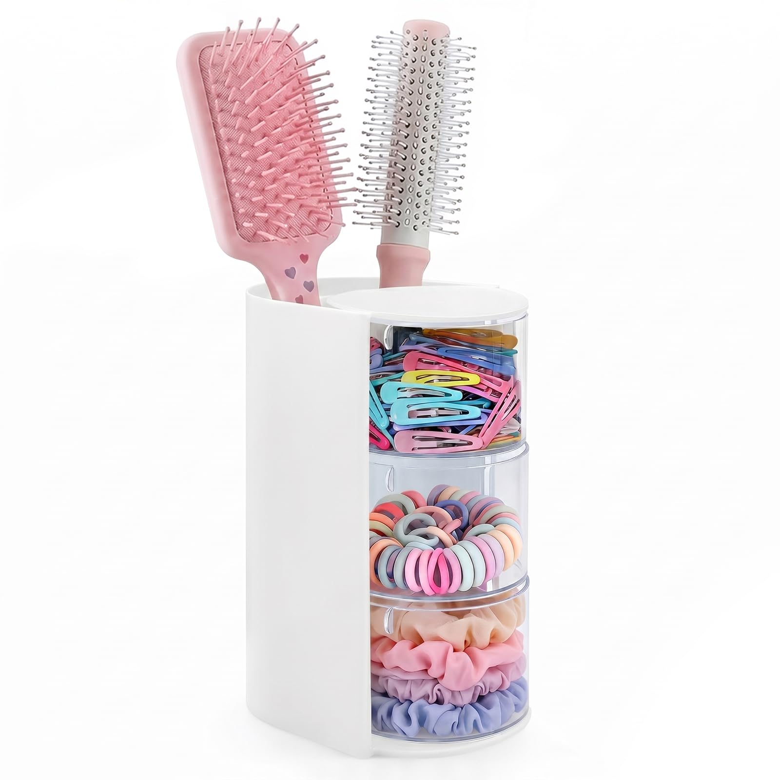 neotidy Hair Accessories Organizer with Hair Brush Holder, Rotating Hair Tie Product Organizer for Girls, 3-Tier Makeup Brush Holder for Clips, Bows & Brushes (Pink, 3-Tier)