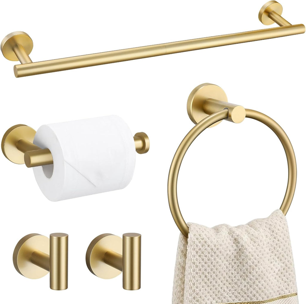 TURS Brushed Gold 5 Piece Bathroom Hardware Set, SUS304 Stainless Steel 24 Inch Bath Towel Bar Set, Round Bathroom Accessories Kit Wall Mounted
