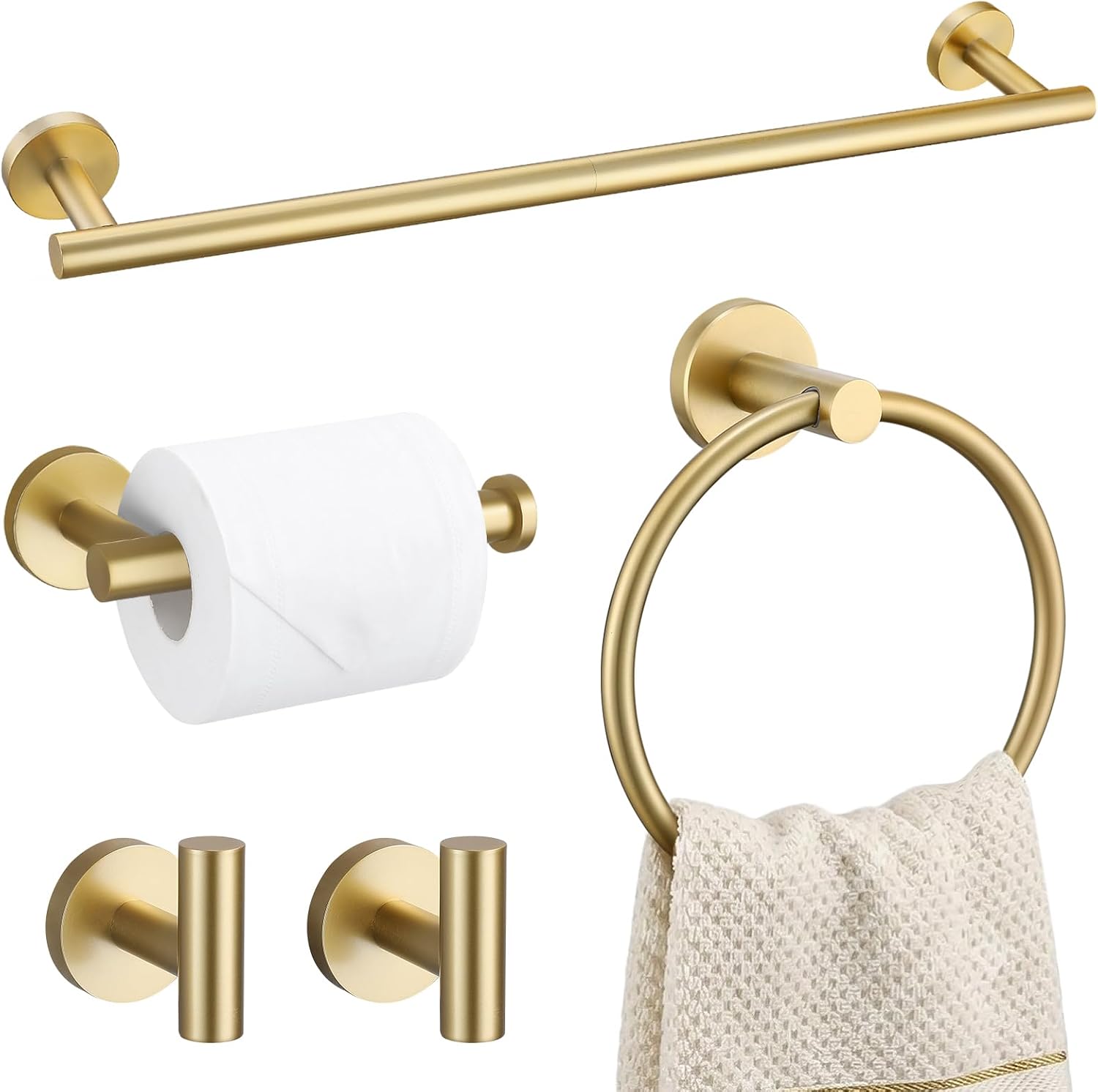 TURS Brushed Gold 5 Piece Bathroom Hardware Set, SUS304 Stainless Steel 24 Inch Bath Towel Bar Set, Round Bathroom Accessories Kit Wall Mounted