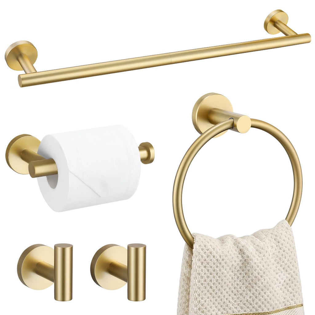 TURS Brushed Gold 5 Piece Bathroom Hardware Set, SUS304 Stainless Steel 24 Inch Bath Towel Bar Set, Round Bathroom Accessories Kit Wall Mounted