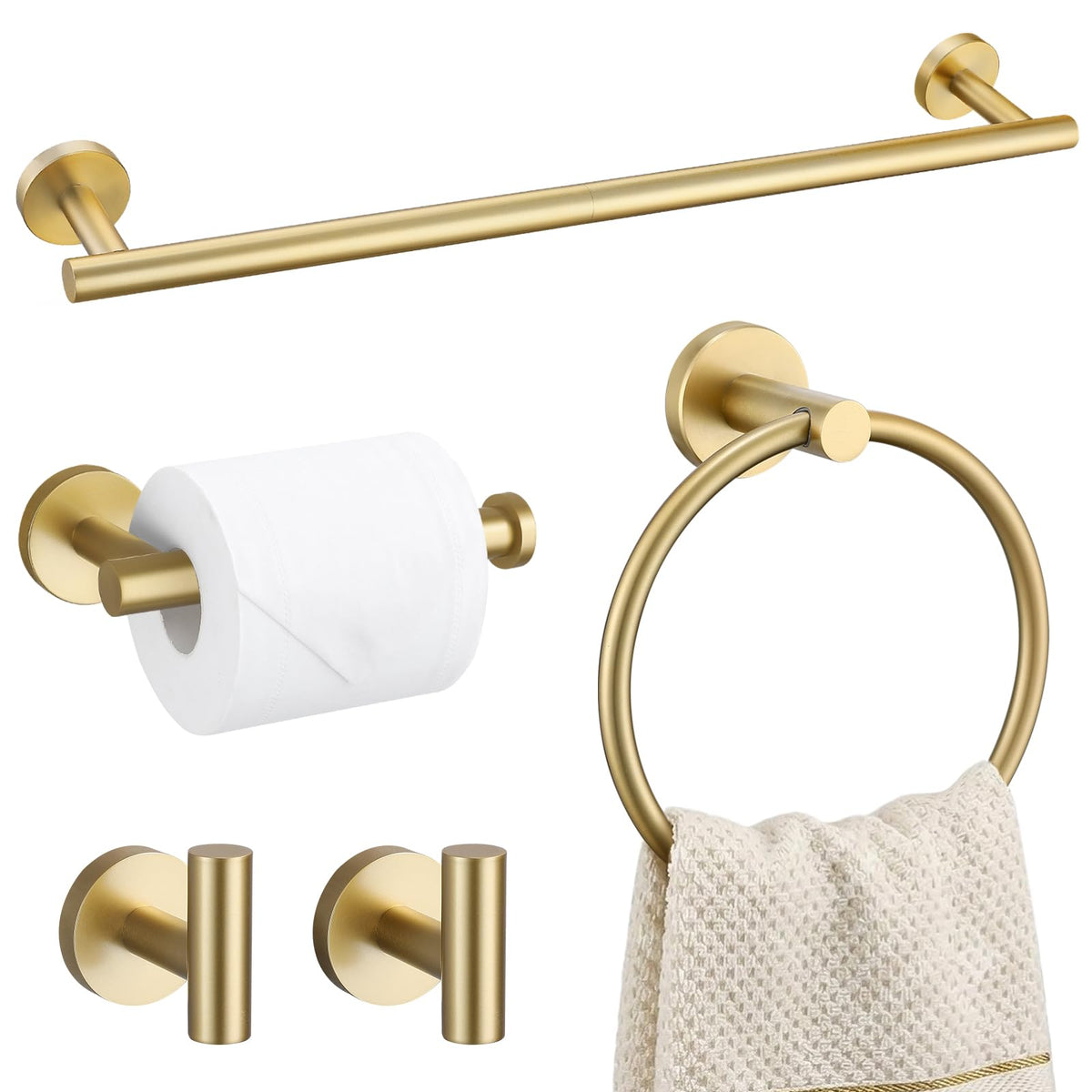 TURS Brushed Gold 5 Piece Bathroom Hardware Set, SUS304 Stainless Steel 24 Inch Bath Towel Bar Set, Round Bathroom Accessories Kit Wall Mounted