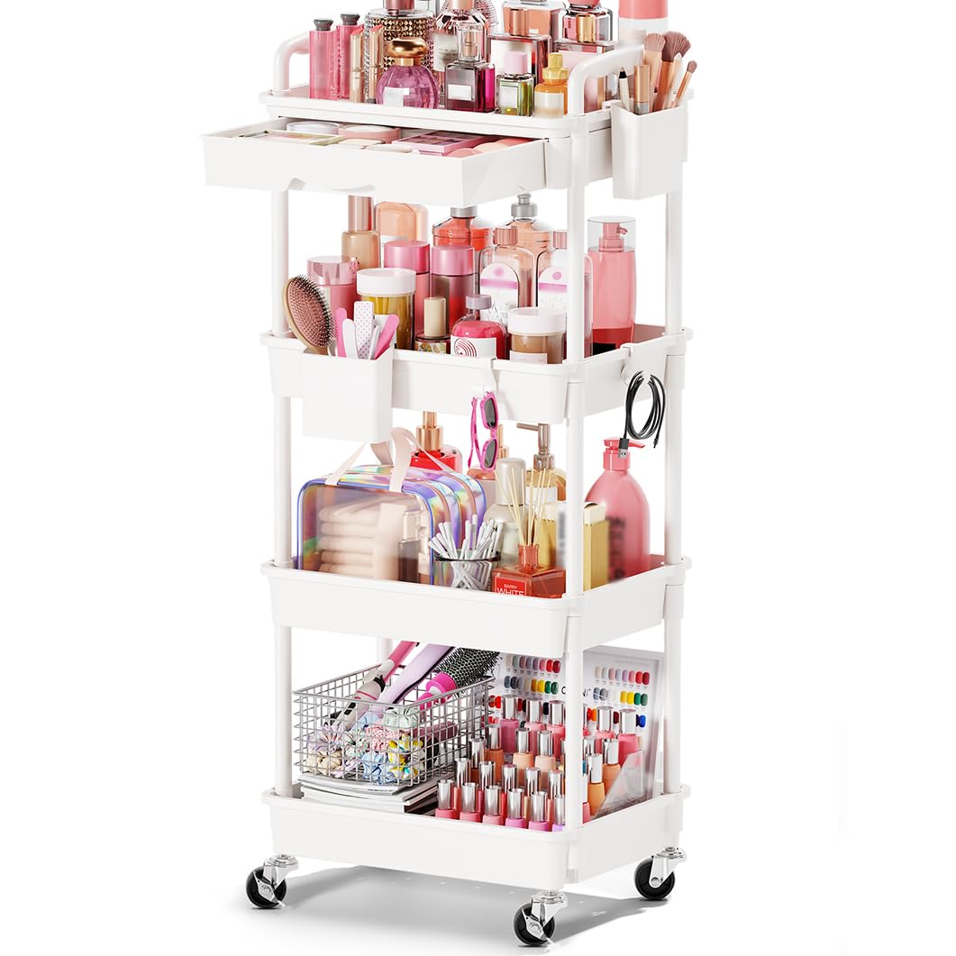 Goovilla Rolling Makeup Organizer Cart with Removable Drawer, 3 Tier Pink