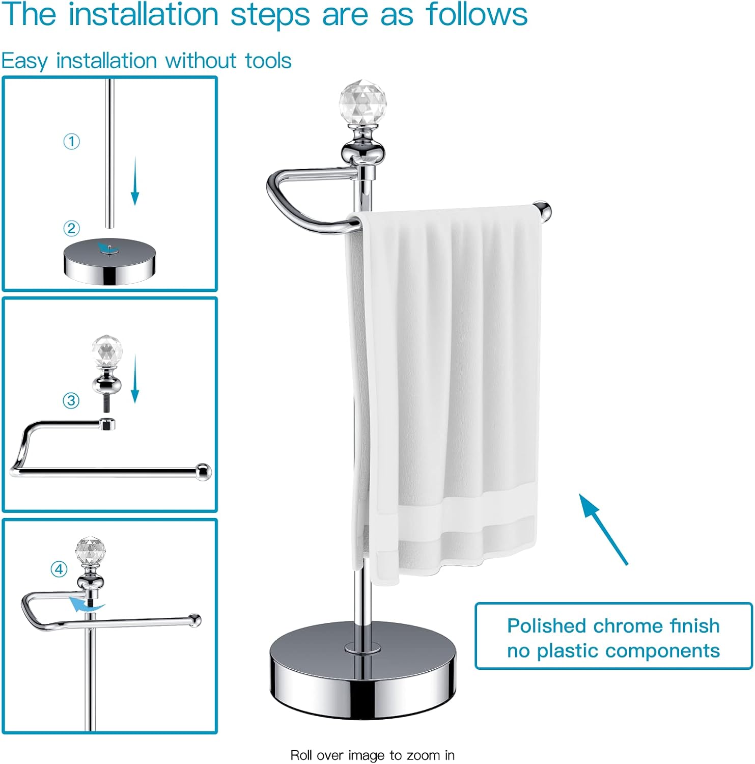 ROLABAM Heavy Weighted Hand Towel Holder (with Crystal Ball) Standing Hand Towel Holder Total Height 16.54'' for Kitchen, Bathroom, Vanity, Classic Decorative Metal Hand Towel Stand, Polished Chrome