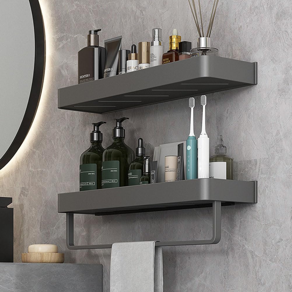 Wall Mounted Bathroom Shelves, 2-Tier Floating Shelf with Removable Hooks, Bathroom Wall Organizer(Gray)