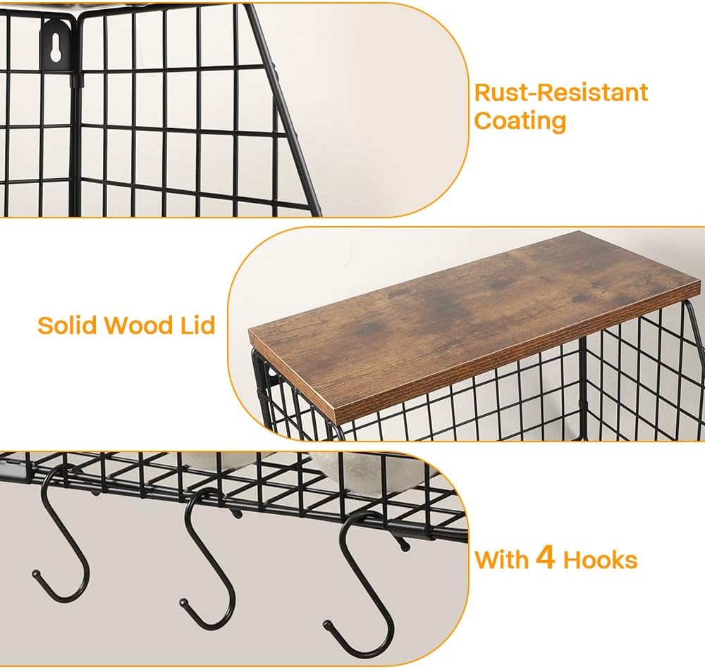 Picowe Laundry Room Shelves Wall Mounted, Metal Basket with Wood Lid (S)