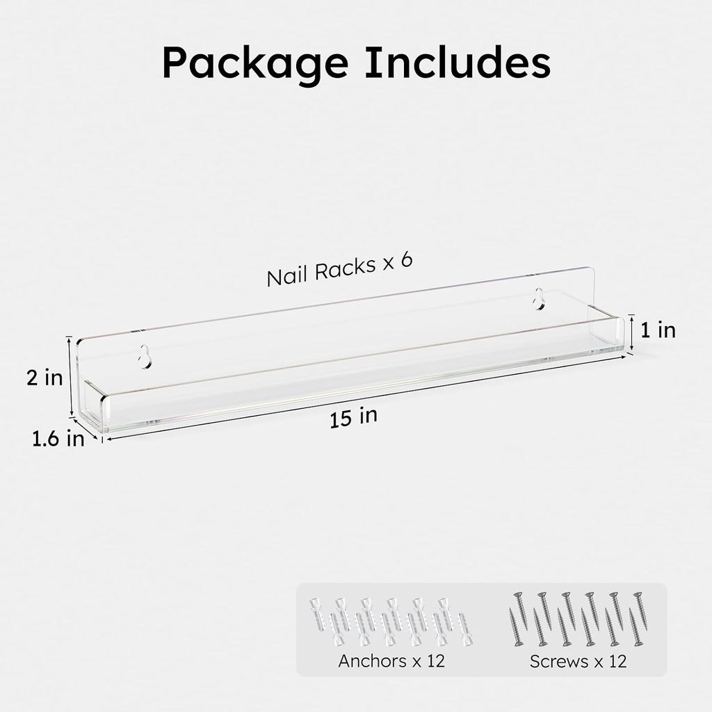 FEMELI Nail Polish Wall Rack, 6 Shelves Acrylic Organizer (15 Inch, Clear)