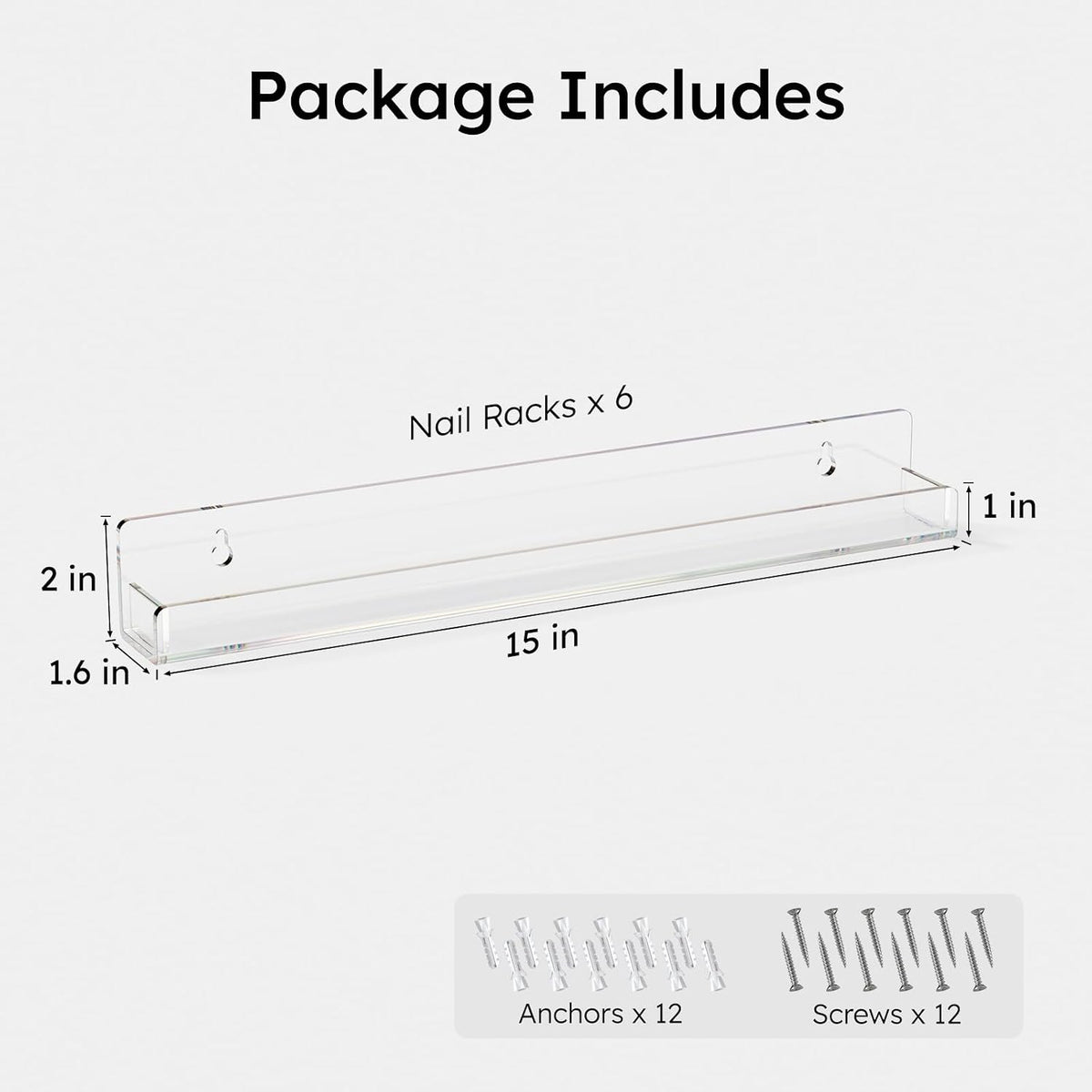 FEMELI Nail Polish Wall Rack, 6 Shelves Acrylic Organizer (15 Inch, Clear)