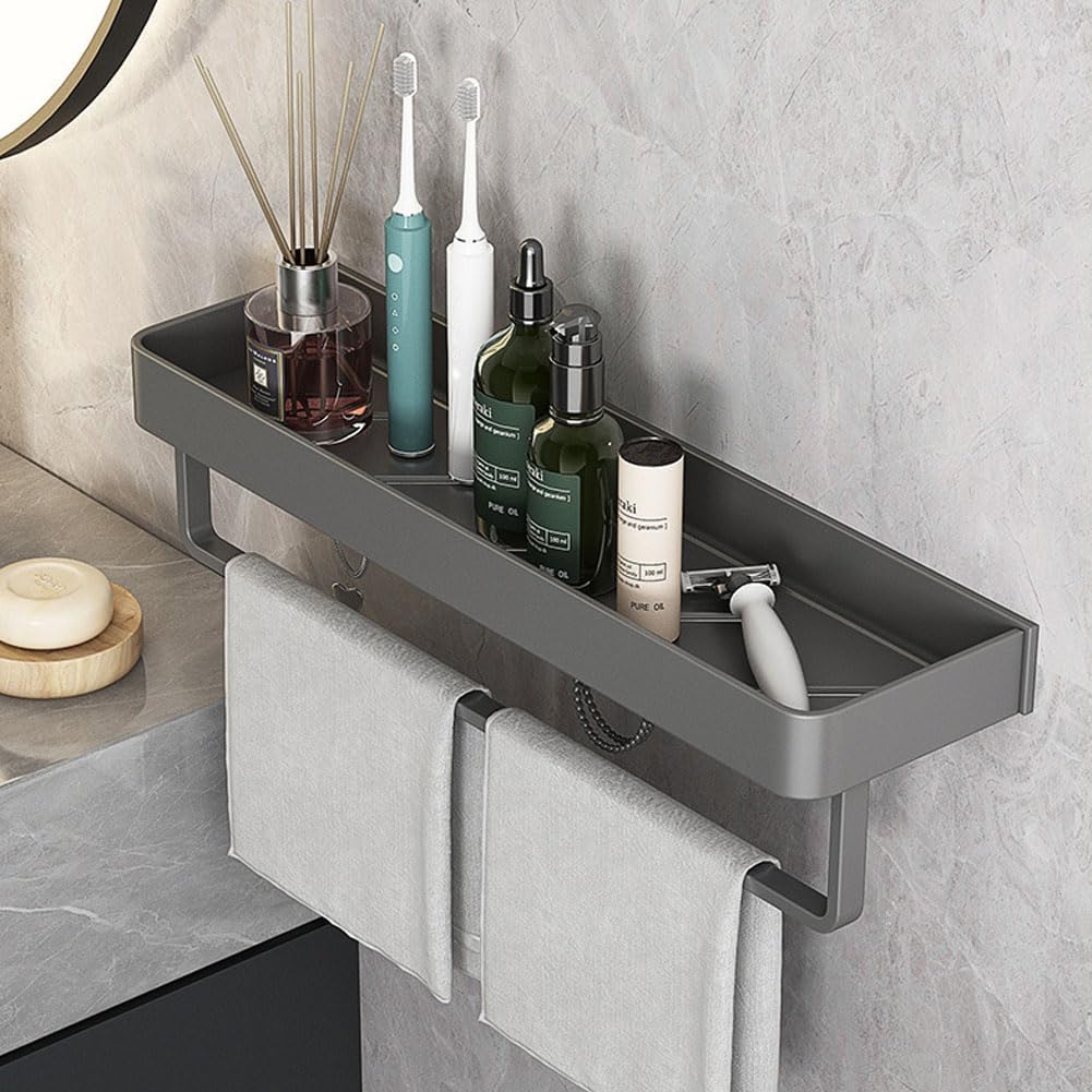 Wall Mounted Bathroom Shelves, 2-Tier Floating Shelf with Removable Hooks, Bathroom Wall Organizer(Gray)