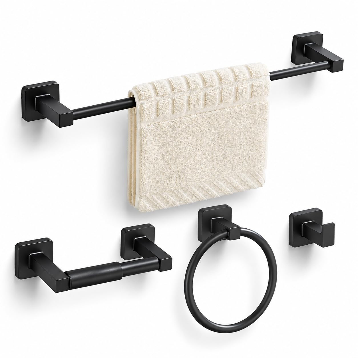 Matte Black Bathroom Hardware Set 4 Pieces,Bathroom Accessories Set Stainless Steel Wall Mounted, Hand Towel Bar, Towel Ring, Robe Towel Hooks,Toilet Paper Holder,Towel Bar Set, 23.6 Inch