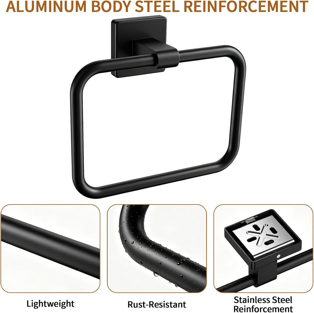 Jesginboo Hand Towel Holder for Bathroom,Rectangular Towel Ring, Black