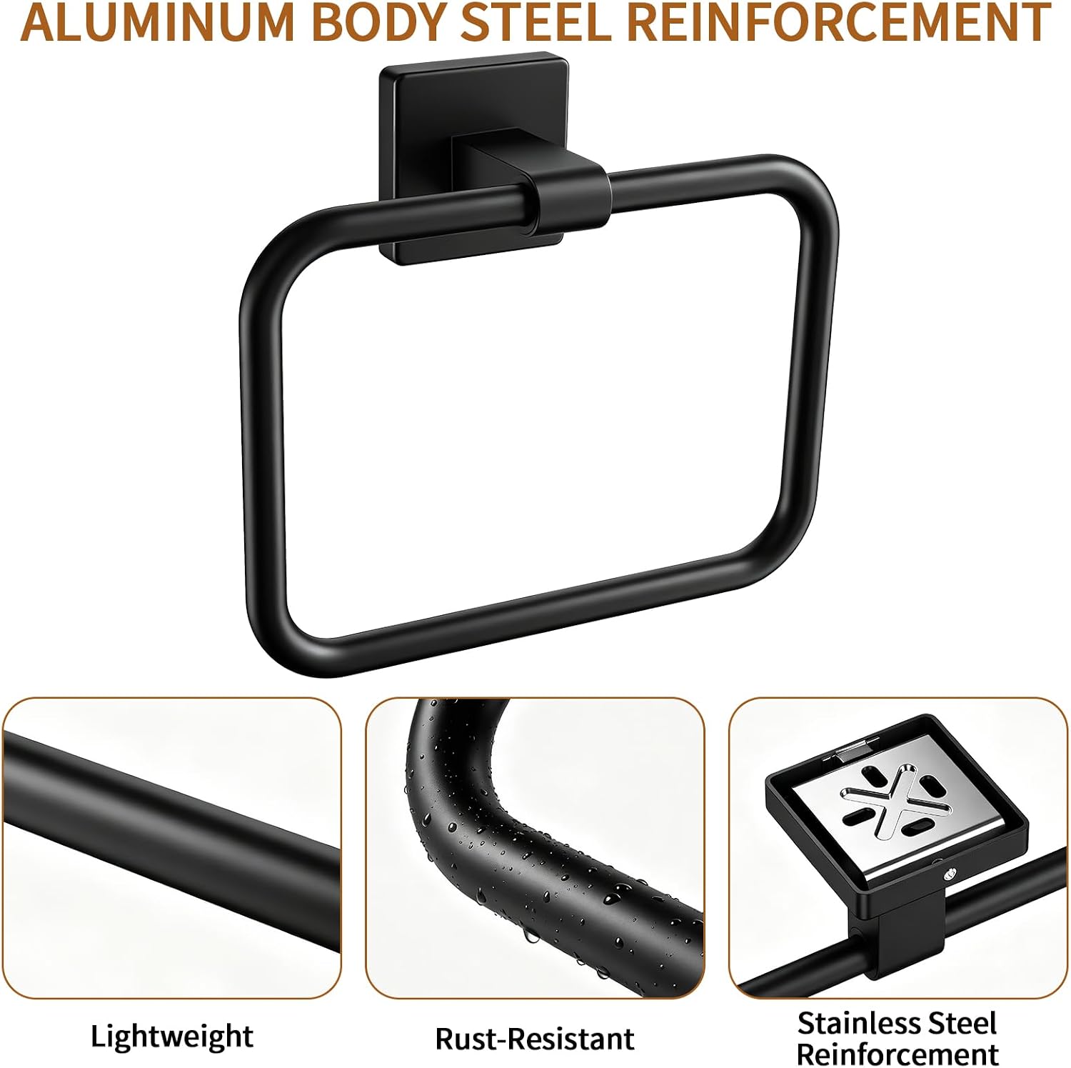 Jesginboo Hand Towel Holder for Bathroom,Rectangular Towel Ring, Black