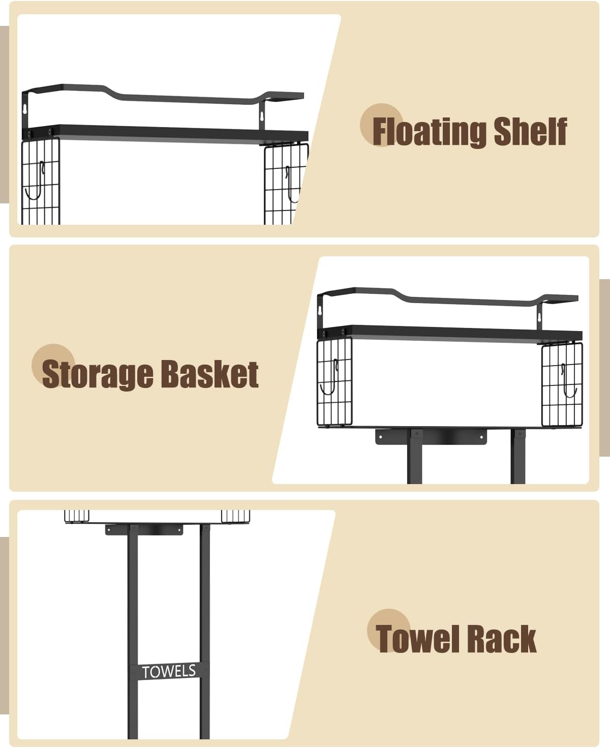 Aetyord Towel Racks for Bathroom 31inch Wall Mounted Towel Rack,Floating Shelf with Wood Plank,Towel Storage for Bathroom can Holds 6 Large Rolled Towels,All Black