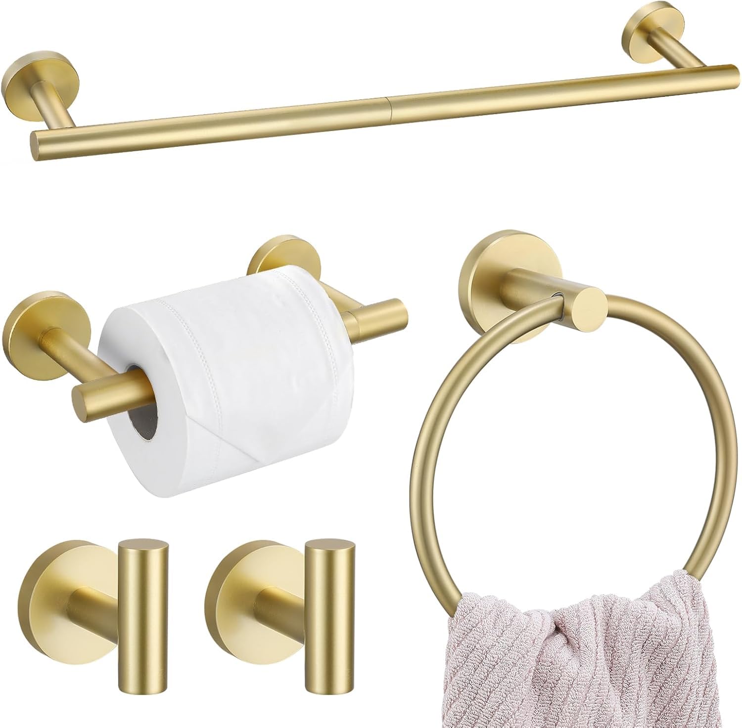 TURS Brushed Gold 5 Piece Bathroom Hardware Set, SUS304 Stainless Steel 24 Inch Bath Towel Bar Set, Round Bathroom Accessories Kit Wall Mounted