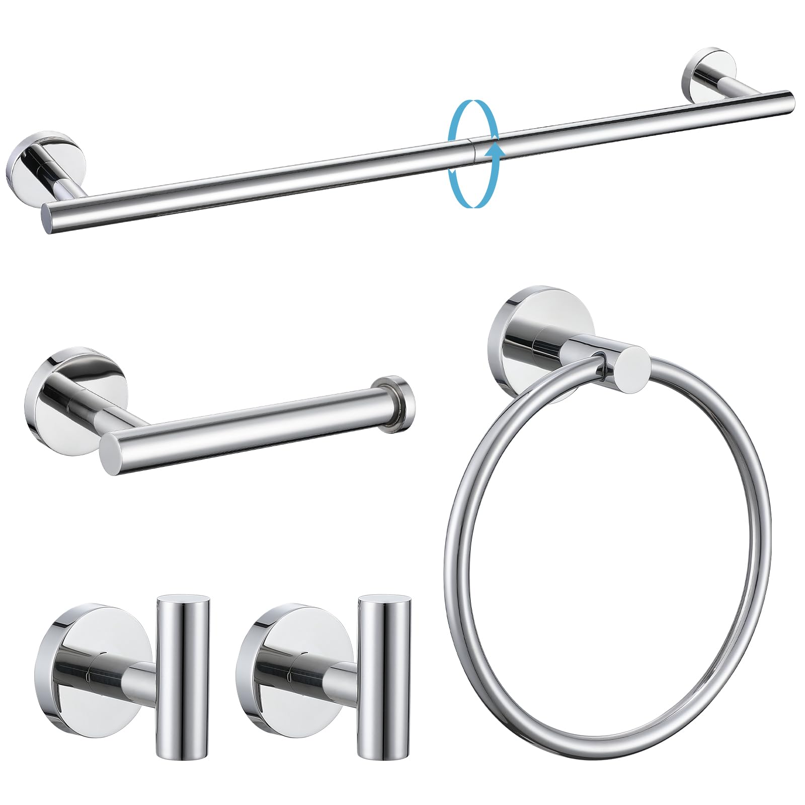TURS Brushed Gold 5 Piece Bathroom Hardware Set, SUS304 Stainless Steel 24 Inch Bath Towel Bar Set, Round Bathroom Accessories Kit Wall Mounted