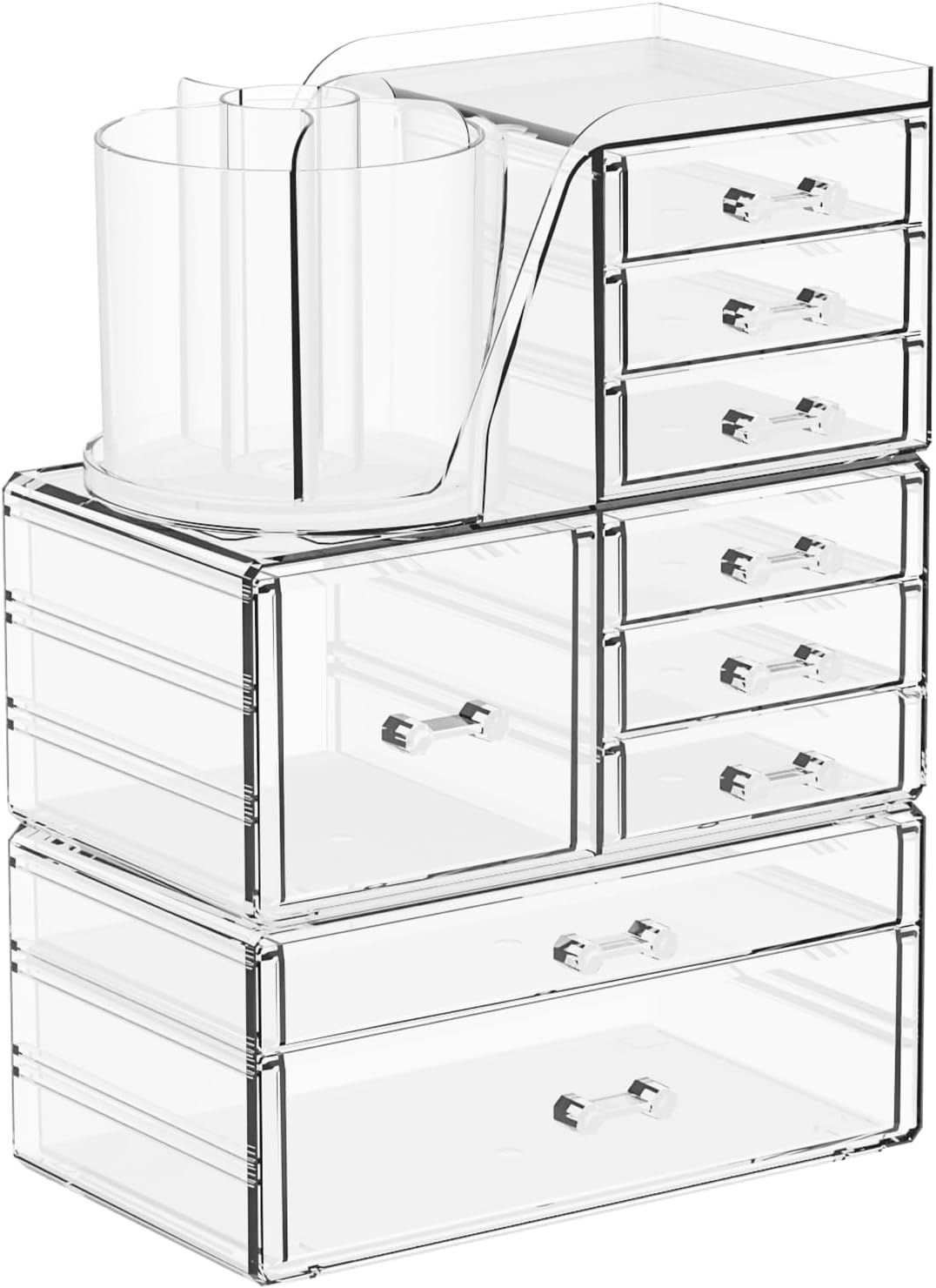 SuoXing 3 Pack Clear Acrylic Makeup Organizer for Vanity With 9 Drawer, Skincare Organizers Countertop With Make up Brush Holder,Bathroom Make up Drawer Storage for Beauty,Hair Accessories Organizer
