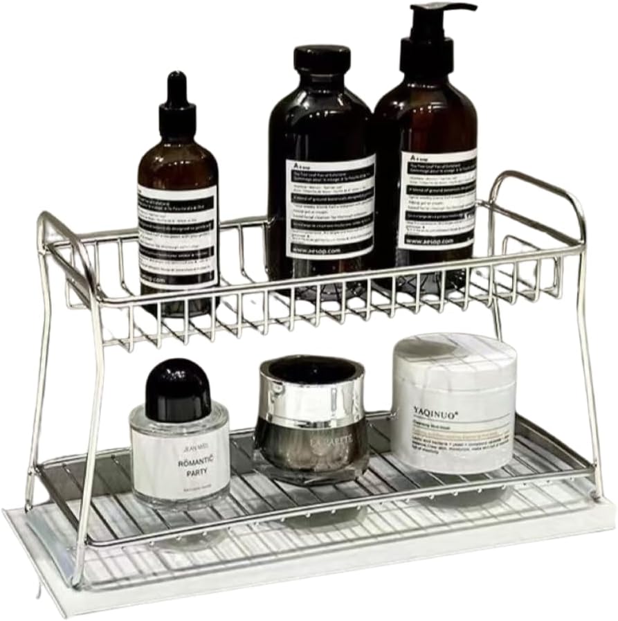 Stainless Steel Bathroom Organizer, Sink Shelf Storage Rack for Vanity, Cosmetics & Toiletries, Waterproof Standing Shelf and Toothbrush Holder (3)