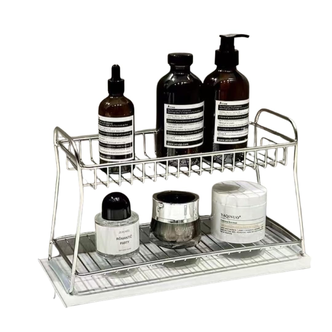 Stainless Steel Bathroom Organizer, Sink Shelf Storage Rack for Vanity, Cosmetics & Toiletries, Waterproof Standing Shelf and Toothbrush Holder (3)