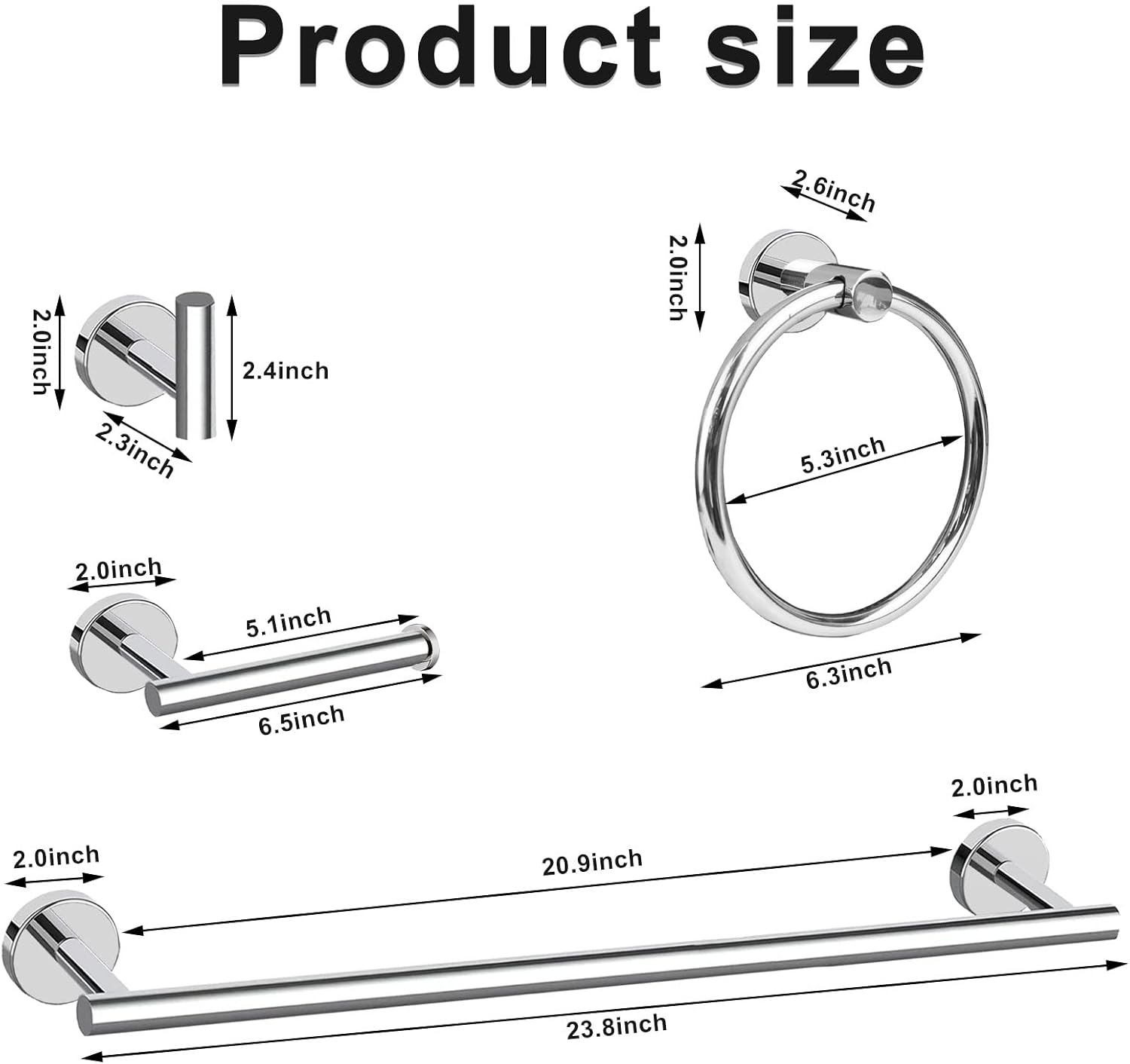Cilee 8 Piece Polished Chrome Bathroom Hardware Set, 24inch Towel Bar Set