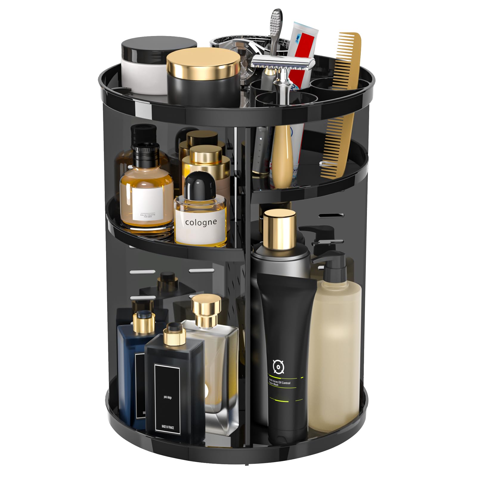 Rotating Makeup Organizer, DIY 8 Adjustable Layers Spinning Skincare Storage, Cosmetic Display Case with Brush Holder and Perfume Tray, Multi-Function Vanity Bathroom Countertop Organizer Clear