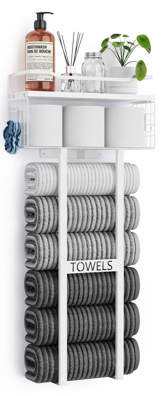 Aetyord Towel Racks for Bathroom 31inch Wall Mounted Towel Rack,Floating Shelf with Wood Plank,Towel Storage for Bathroom can Holds 6 Large Rolled Towels,All Black